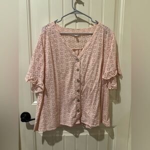 Eyelet Button-Front Blouse in Soft Pink